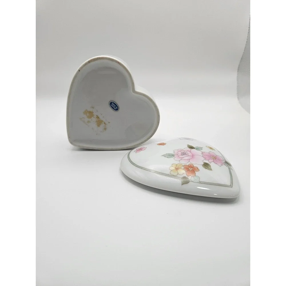 Vintage Porcelain Heart Shaped Floral Trinket Box, Japan